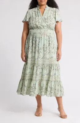 MAX STUDIO Flutter Sleeve Tiered Maxi Dress in Cream/Green Ukiyo at Nordstrom Rack, Size 1X | Nordstrom Rack