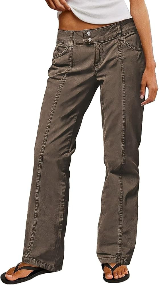 Flamingals Straight Leg Cargo Pants for Women Mid Rise Stretchy Seam Front Business Casual Dress ... | Amazon (US)