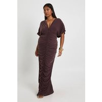 boohoo Women's Plus Double Layer Ruched Plunge Batwing Maxi Dress in Chocolate | Size: 22 | Knitted | boohoo (US & Canada)