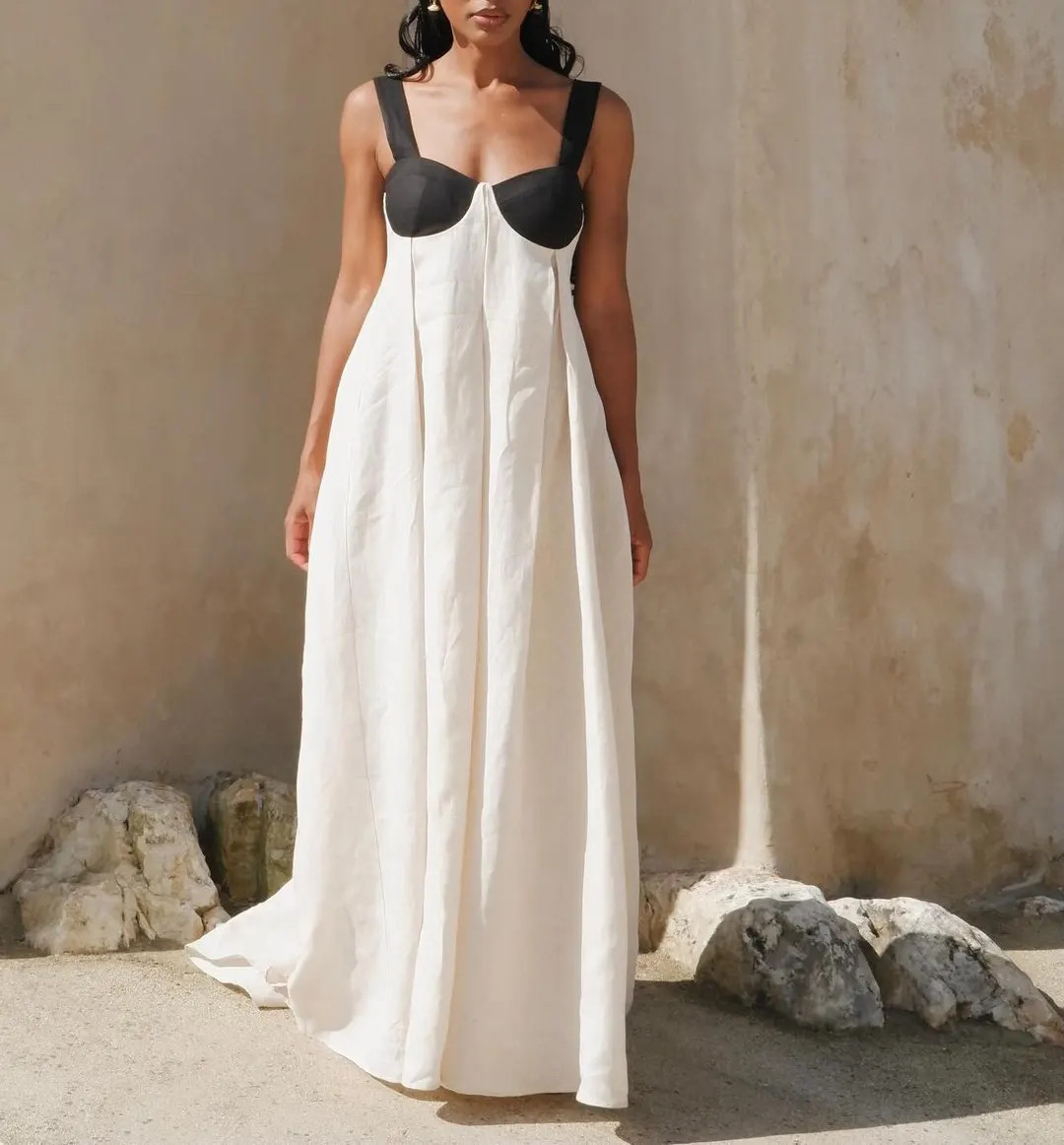Abito lungo in lino bicolore con schiena scoperta e top bustier, elegante abito estivo senza schi... | Etsy (US)