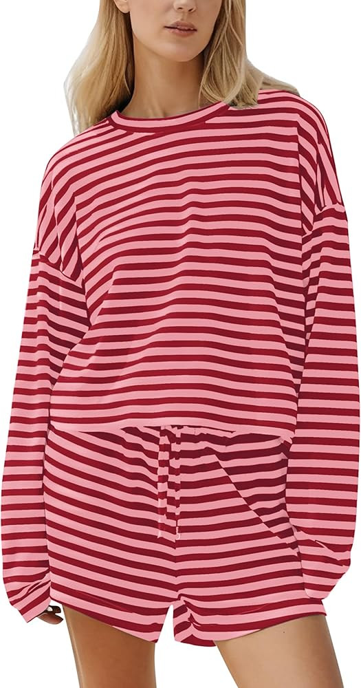 Women Striped Lounge 2pcs Set Long Sleeve T Shirt and Drawstring Shorts Casual Loose Spring Match... | Amazon (US)