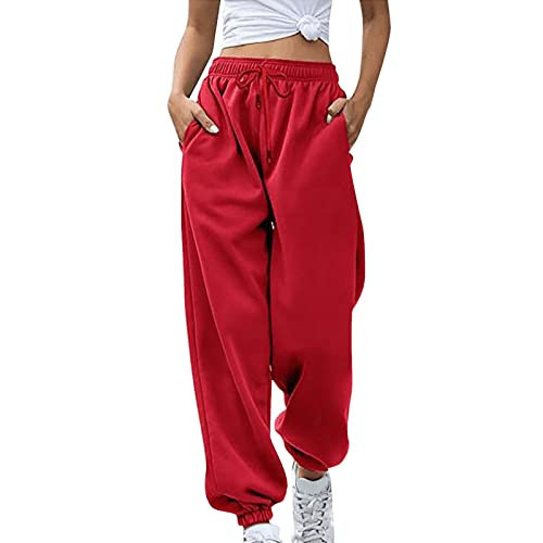 Sweatpants for Women Teen Girls Baggy High Waisted Cinch Bottom Sweatpant Solid Yoga Workout Joggers with Pockets #01 Red,Medium | Amazon (US)