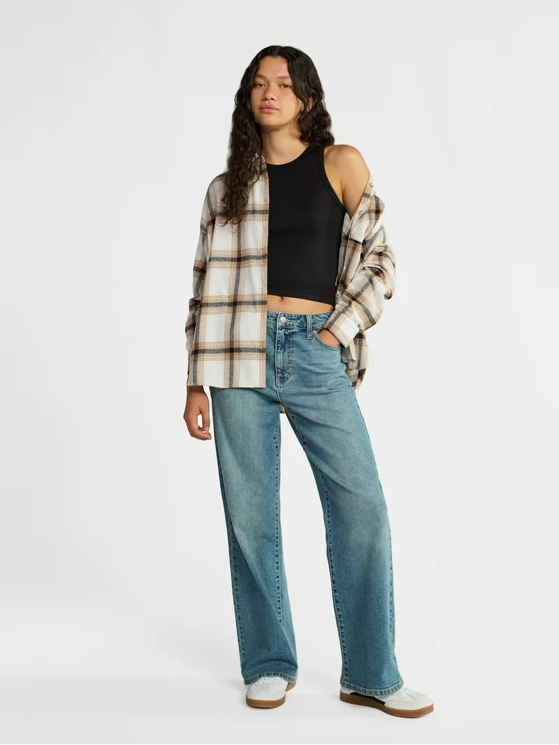 No Boundaries Slouchy Flannel Shirt with Side Pockets, Women's | Walmart (US)