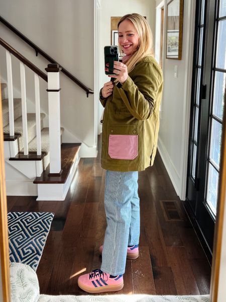 Spring outfit idea with new arrivals from Boden (20% off today!) paired with adidas samba favorite sneakers - railroad stripe pants (true to size, also comes in petite), cardigan sweater, green, utility chore jacket, red bead and gold drop earrings
❤️ Claire Lately 

#LTKshoecrush #LTKsalealert #LTKworkwear
