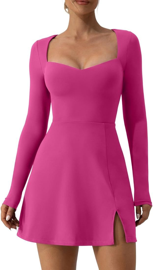 QINSEN Women's Sweettheart Neckline Long Sleeve Dress Side Slit Stretch Flare Mini Dress | Amazon (US)