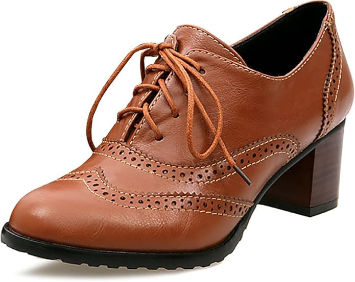 Odema Womens PU Leather Oxfords Wingtip Lace up Mid Heel Pumps Shoes … | Amazon (US)