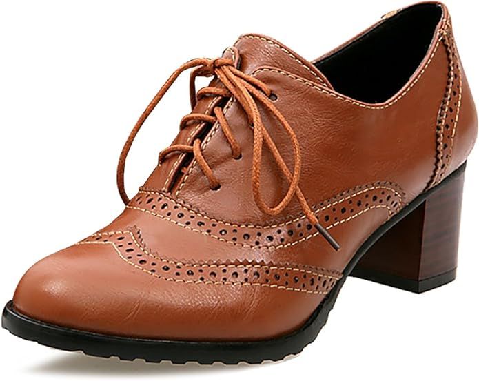 Odema Womens PU Leather Oxfords Wingtip Lace up Mid Heel Pumps Shoes … | Amazon (US)