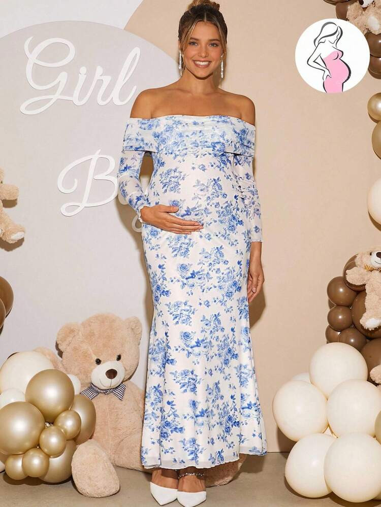 Loomaby Floral Print Off-Shoulder Long Sleeve Fitted Elegant Maternity Dress,Gender Reveal Dress,Maternity Dress,Baby Shower Dress,Blue Maternity Dress Baby Shower Dress Blue Pregnancy Photoshoot Dress Gender Reveal Maternity Dress Baby Shower Guest Outfit Blue And White Floral Dress | SHEIN