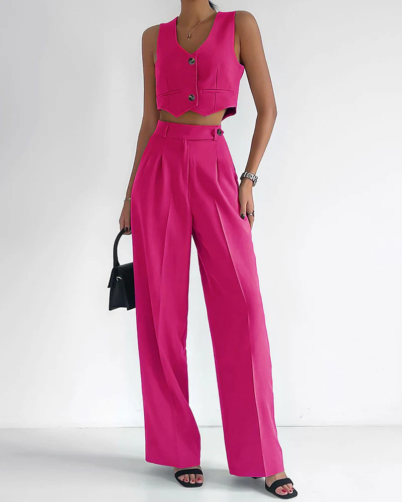 Two Pieces Sets Sleeveless V Neck Solid Single Breasted Cropped Cami Tank Tops Wide Leg Pants | Zeagoo