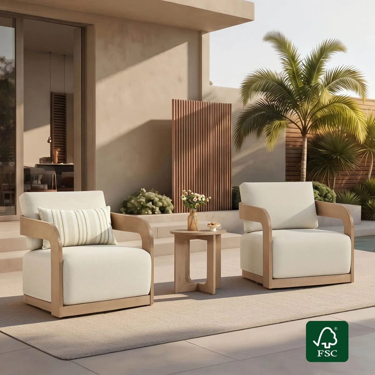 Emberly Bistro Set | Outdoor Eucalyptus Swivel Seating | Chita