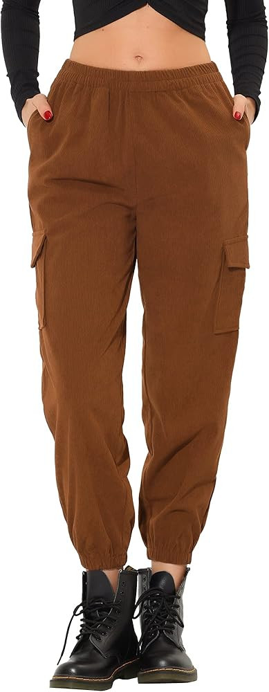 Allegra K Cargo Jogger for Women's Corduroy Pants Elastic Waist Trousers | Amazon (US)