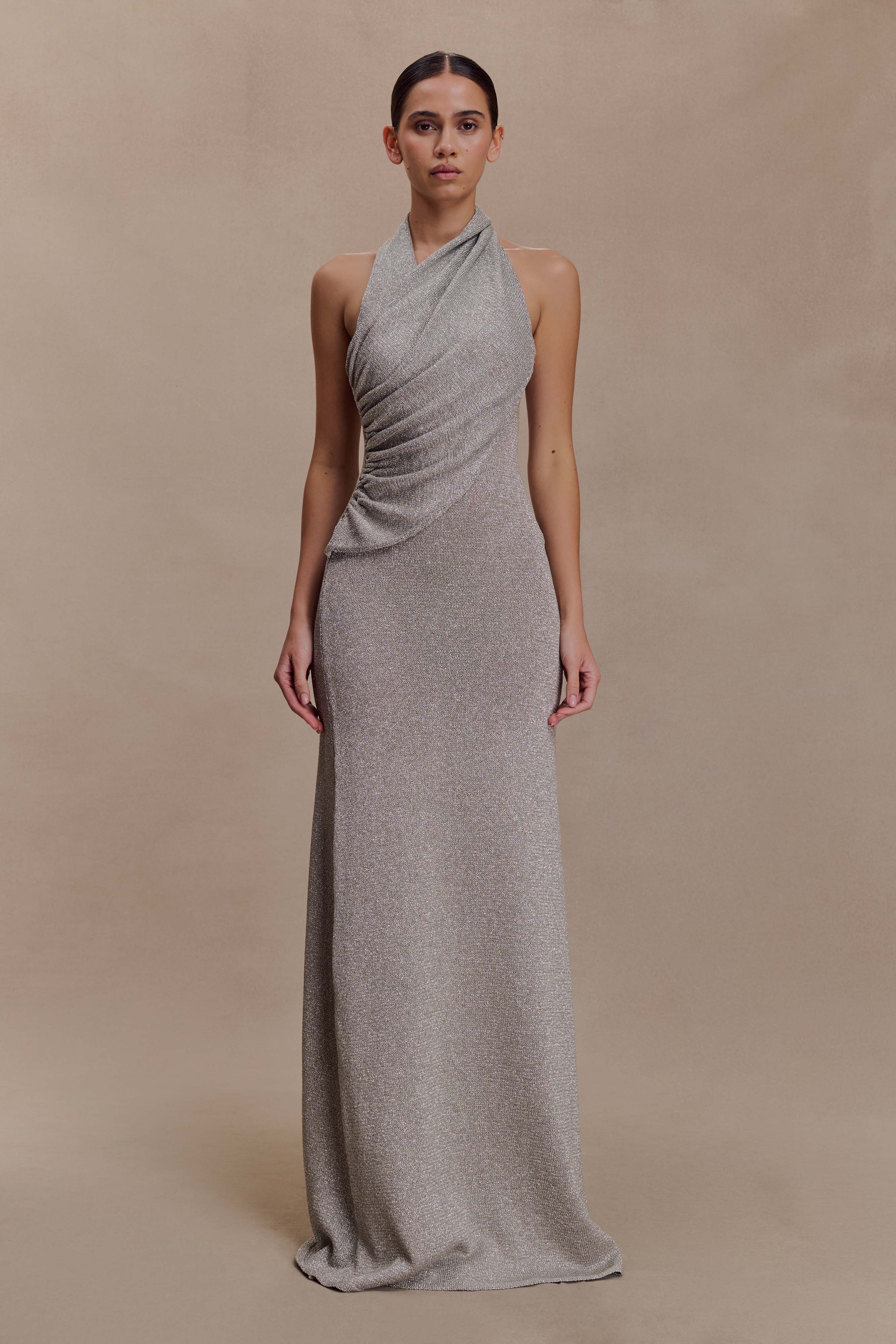 Elma Lurex Knit Halter Maxi Dress - Silver | Meshki UK