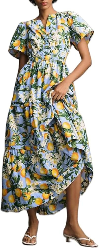 KMBANGI Women Flutter Sleeve Maxi Dress Boho Smocked Sundress Floral Printed Short Sleeve Tiered ... | Amazon (US)