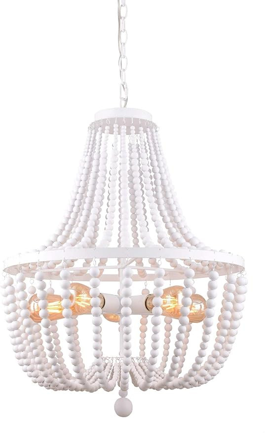 ALICE HOUSE 21" Wood Bead Chandeliers, Rustic White Finish, 5 Light Wood Beaded Pendant Light for... | Amazon (US)