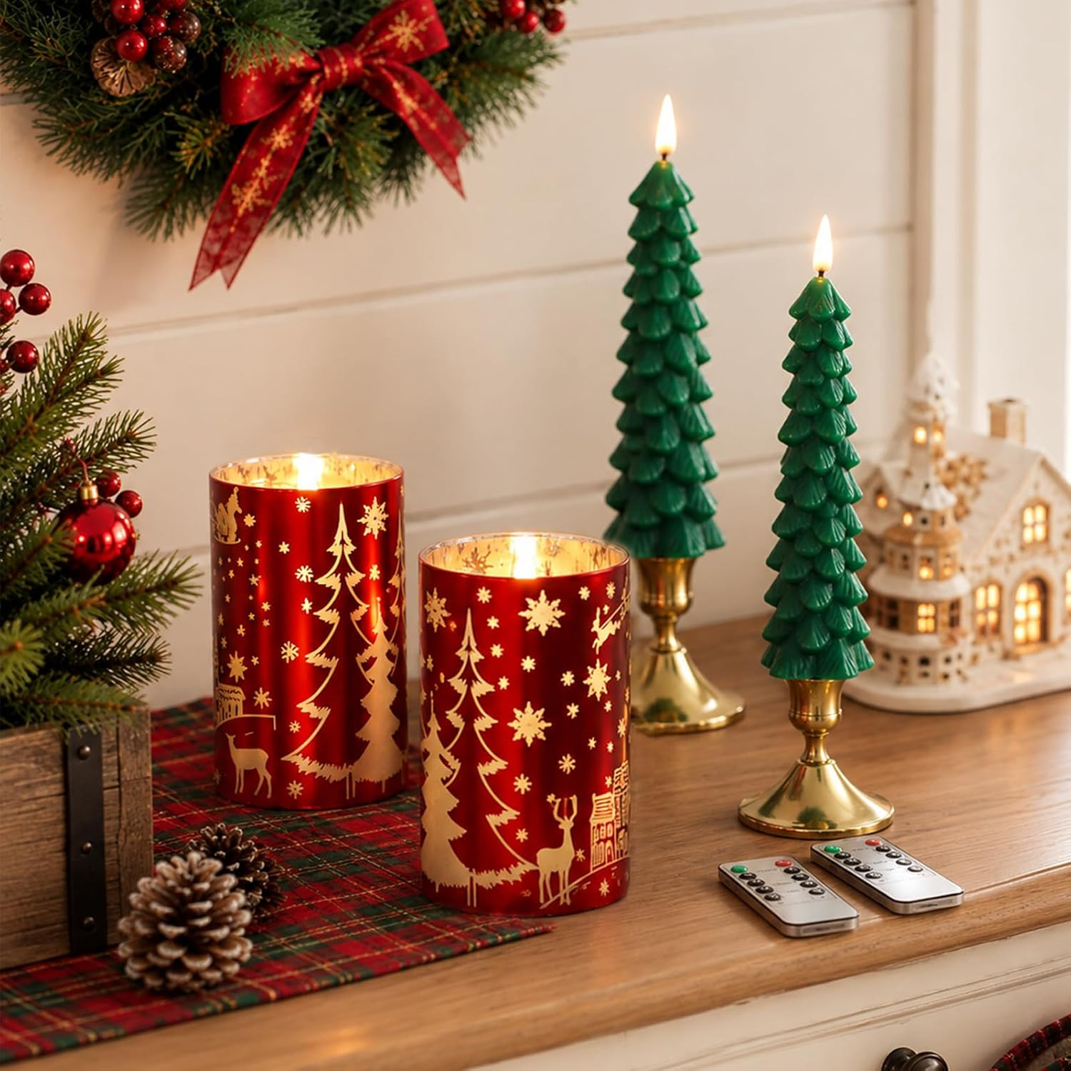 Christmas Tree Shaped Flameless Candlesticks Battery Operated with Remote and Timer, Set of 4 Real Wax Candles Warm Color Flickering Light for Xmas Decoration Gift | Amazon (US)