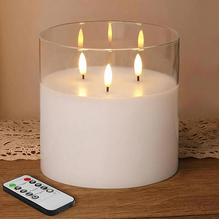 Eywamage 3 Wick Clear Glass Flameless Candle with Remote, Large Flickering LED Battery Pillar Can... | Amazon (US)