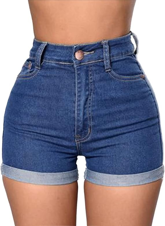 Laeyzuo Women's High Waisted Stretch Jean Shorts Foldead Hem Fashion Denim Shorts | Amazon (US)