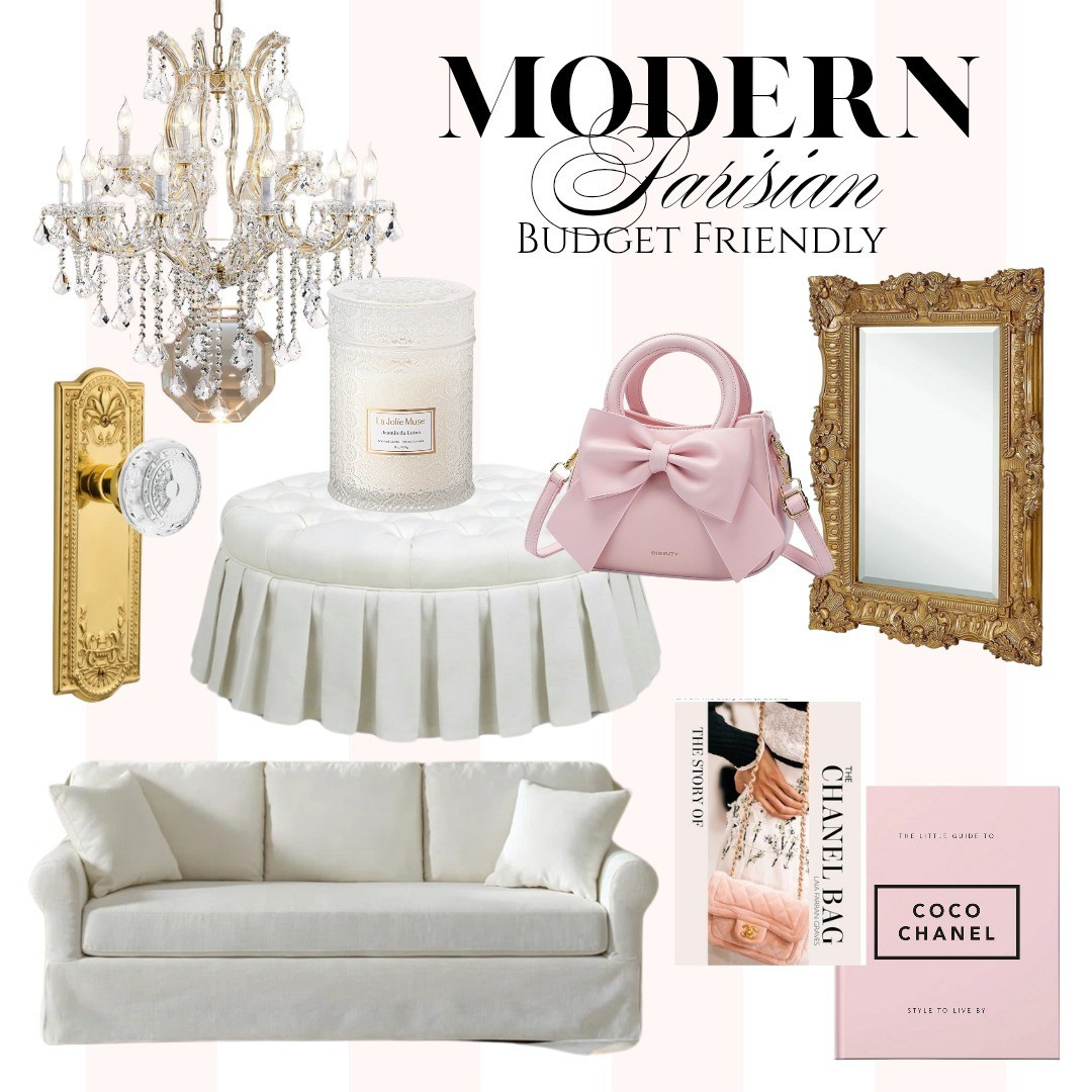 Modern Parisian, Budget Friendly! I have this white tufted, ruffle skirt ottoman and love it! I also have a very similar white slipcover sofa. Loving the pink bow purse, pink Chanel book, gold crystal French/Victorian door, crystal chandelier, French white candle and gold French mirror!

#LTKHome #LTKStyleTip #LTKItBag