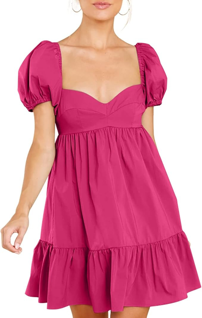 BELONGSCI Women's Summer Cute Dress Sweetheart Neckline Puff Sleeve Ruffle A-Line Casual Loose Fl... | Amazon (US)