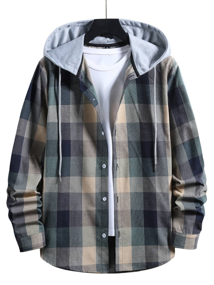 Men Plaid Contrast Hoodie Button Up Shirt | SHEIN