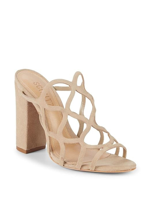 SCHUTZ Women's Nurten Natural Goat Block Heel Suede Sandals Mule Cut-Out | Amazon (US)