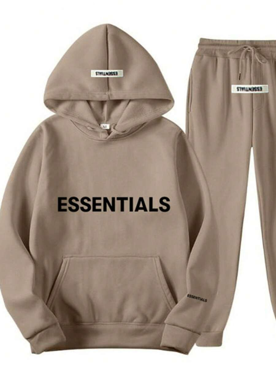 Essentials 2pcs Men's Casual Print Drawstring Hoodies And Pants Set, 2025 New Street Loose Sweats... | SHEIN