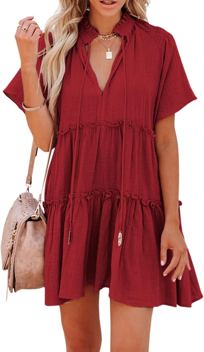 Womens Split V Neck Drawstring Neck Tie Ruffle Tiered Dress Short Sleeve Babydoll Tunic Swing Min... | Amazon (US)