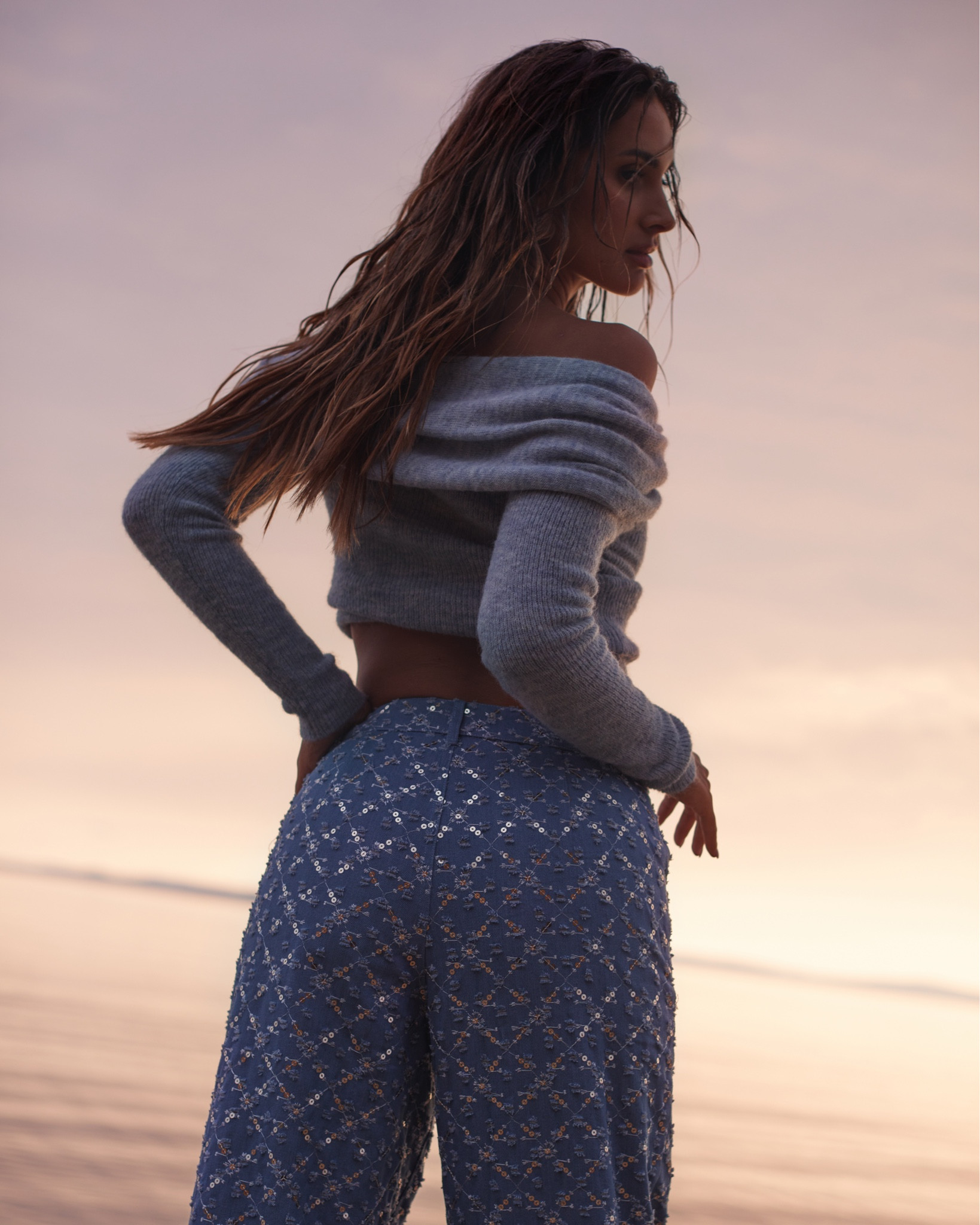 My collection x Lovers and Friends DROP3, Berner pant, sparky jeans, embellished jeans, zaia sweater, baby blue open shoulder sweater, knit fabric, revolve