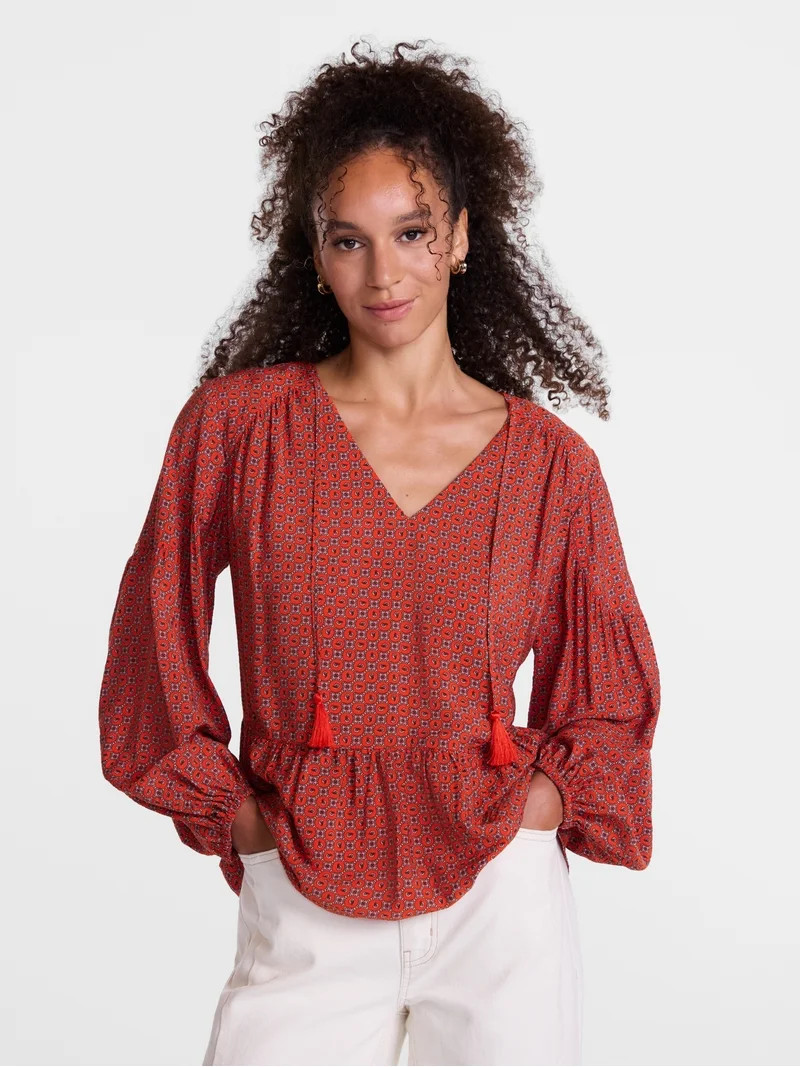 Scenario Women's Gathered Yoke Blouse with Long Sleeves, Sizes XS-XXXL | Walmart (US)