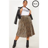 Plus Tan Leopard Pleated Midi Skirt | PrettyLittleThing US