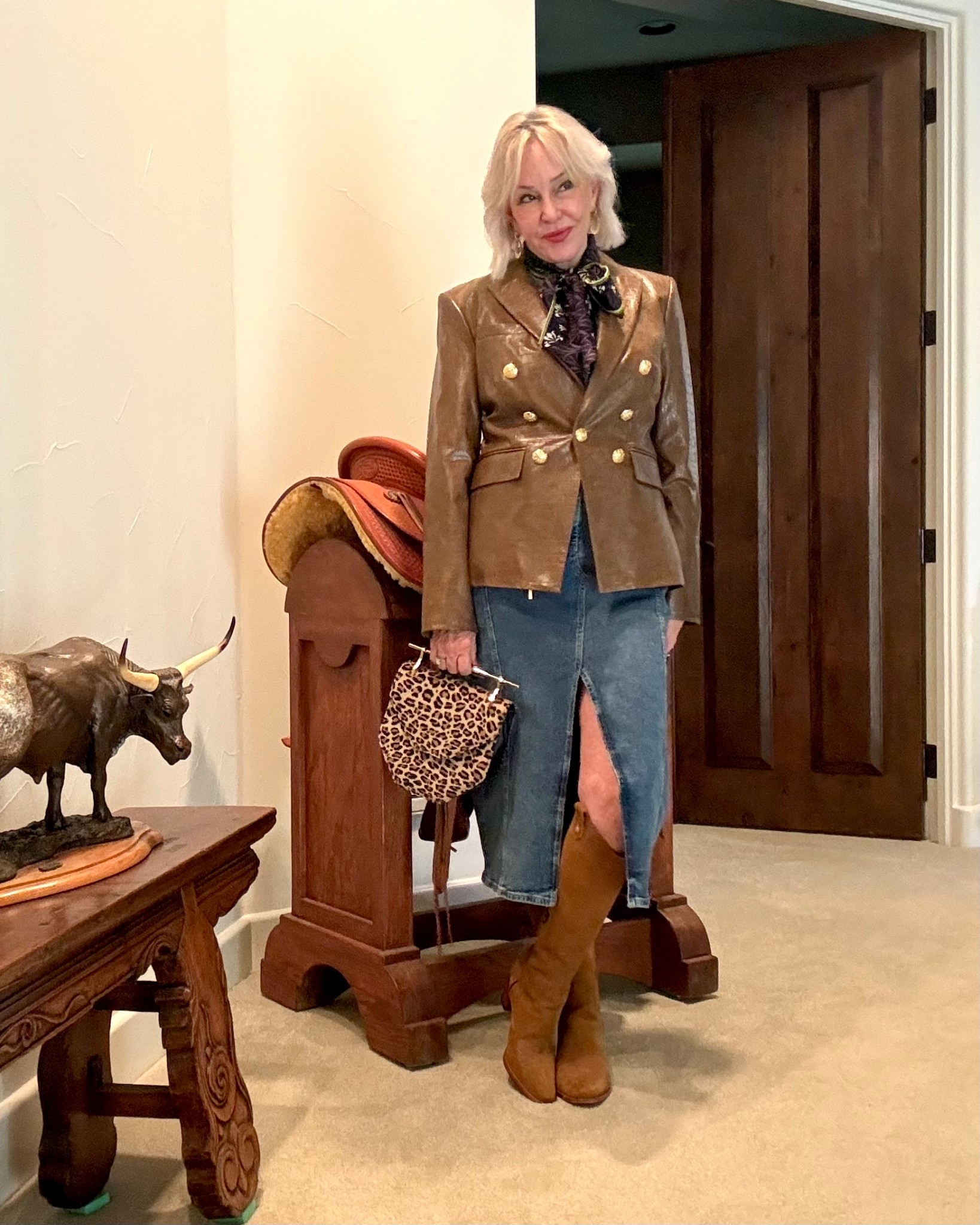 Denim dress - Veronica Beard brown leather blazer
Suede boots 
Leopard print bag

#LTKSeasonal #LTKOver40 #LTKStyleTip