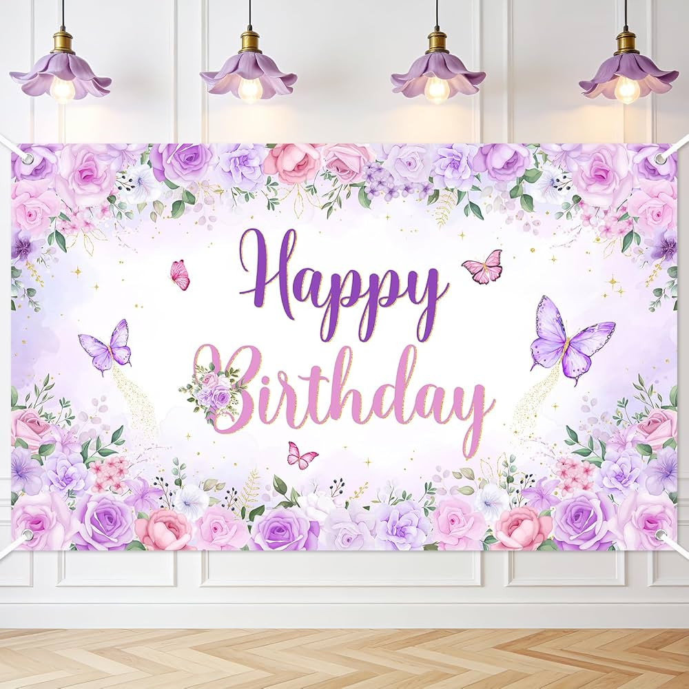 Butterfly Happy Birthday Banner Purple Butterfly Birthday Decorations Purple Pink Floral Gold Gli... | Amazon (US)