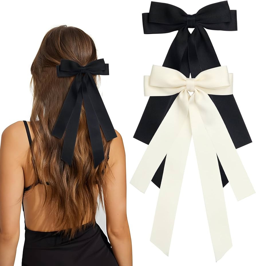 Bow Hair Clips 2PCS Set for Women and Girls - Black White Ribbon Bows for Hair, with Long Tail, A... | Amazon (US)
