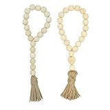 BESTCYC 2pcs 2Style Wood Beads Garland with Tassels Farmhouse Rustic Natural Wooden Bead String Pray | Amazon (US)
