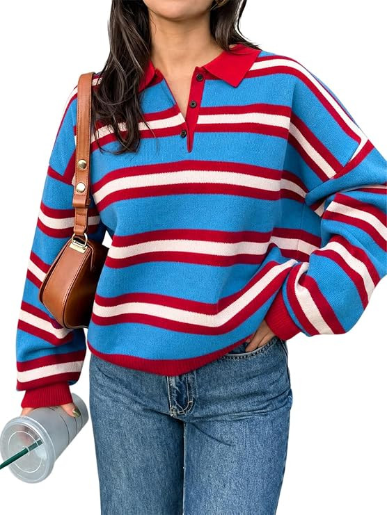 Tankaneo Sweaters for Women Striped Polo Sweater Casual Pullover Knit Tops | Amazon (US)