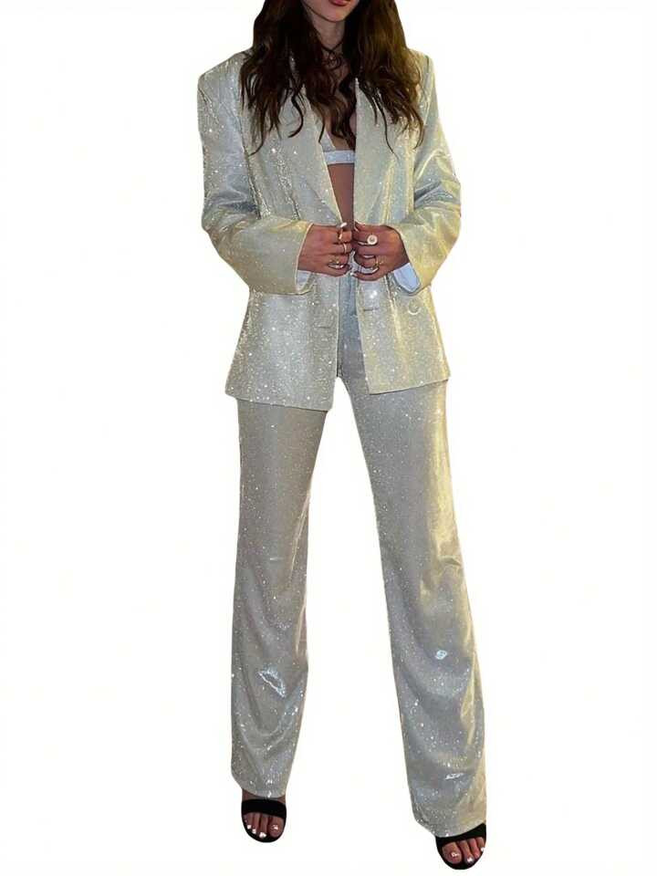 Women Shiny Blazer, Adults Casual Solid Color Long Sleeve Tailored Collar Suit Jacket | SHEIN