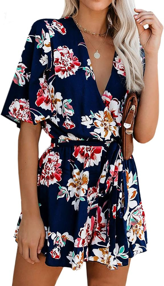 AIMCOO Women's Summer Deep V-Neck Floral Print Romper Ruffle Hem Half Flared Sleeve Jumpsuits Wai... | Amazon (US)