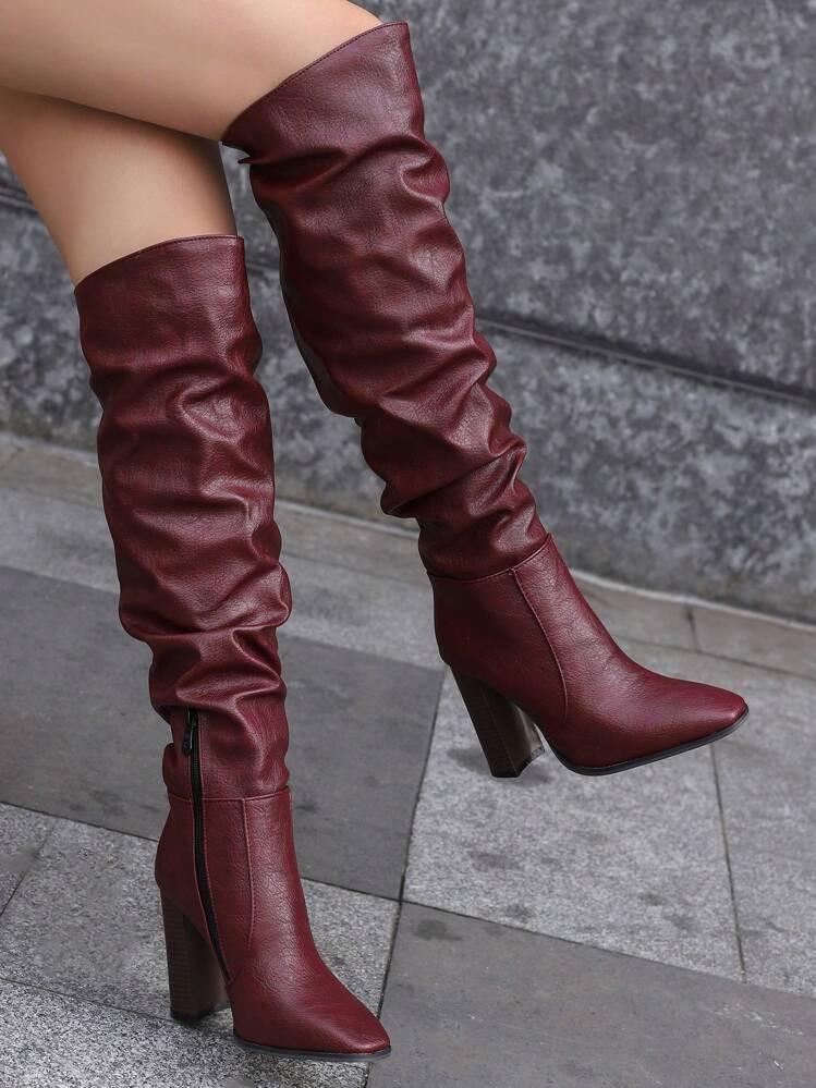 Match Dresses, Burgundy Boots, Chunky Heel, PU Leather, Pointed Toe, Side Zipper, Ruched, High Heel Thigh Boots, Sexy Style Fshion Boots | SHEIN
