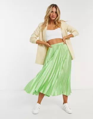 ASOS DESIGN satin pleated midi skirt in lime green | ASOS (Global)