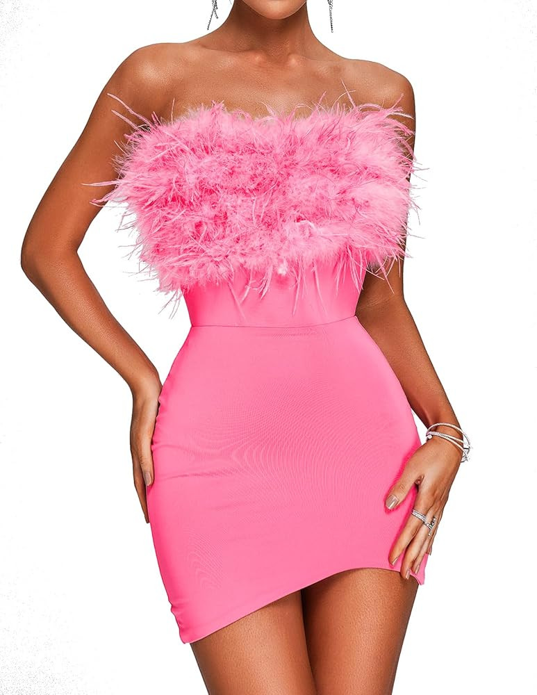 BELLA BARNETT Mini Feather Dress Stunning Bandage Dress Glamorous Party Dress Backless Strapless ... | Amazon (US)