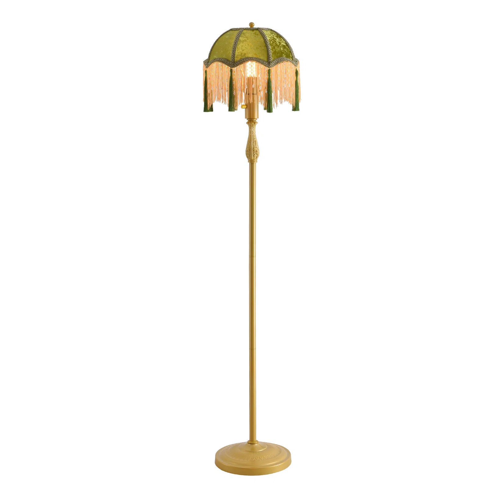 Vintage Floor Lamp With Green Tasseled Shade, Gold Stand, Retro Style Living Room Lighting | Wayfair North America