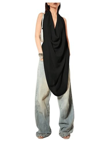 OYOANGLE Women's Cowl Neck Backless Halter Top Y2k See Through Going Out Tank Tops Sleeveless Draped Chiffon Party Clubwear Black X-Small | Amazon (US)
