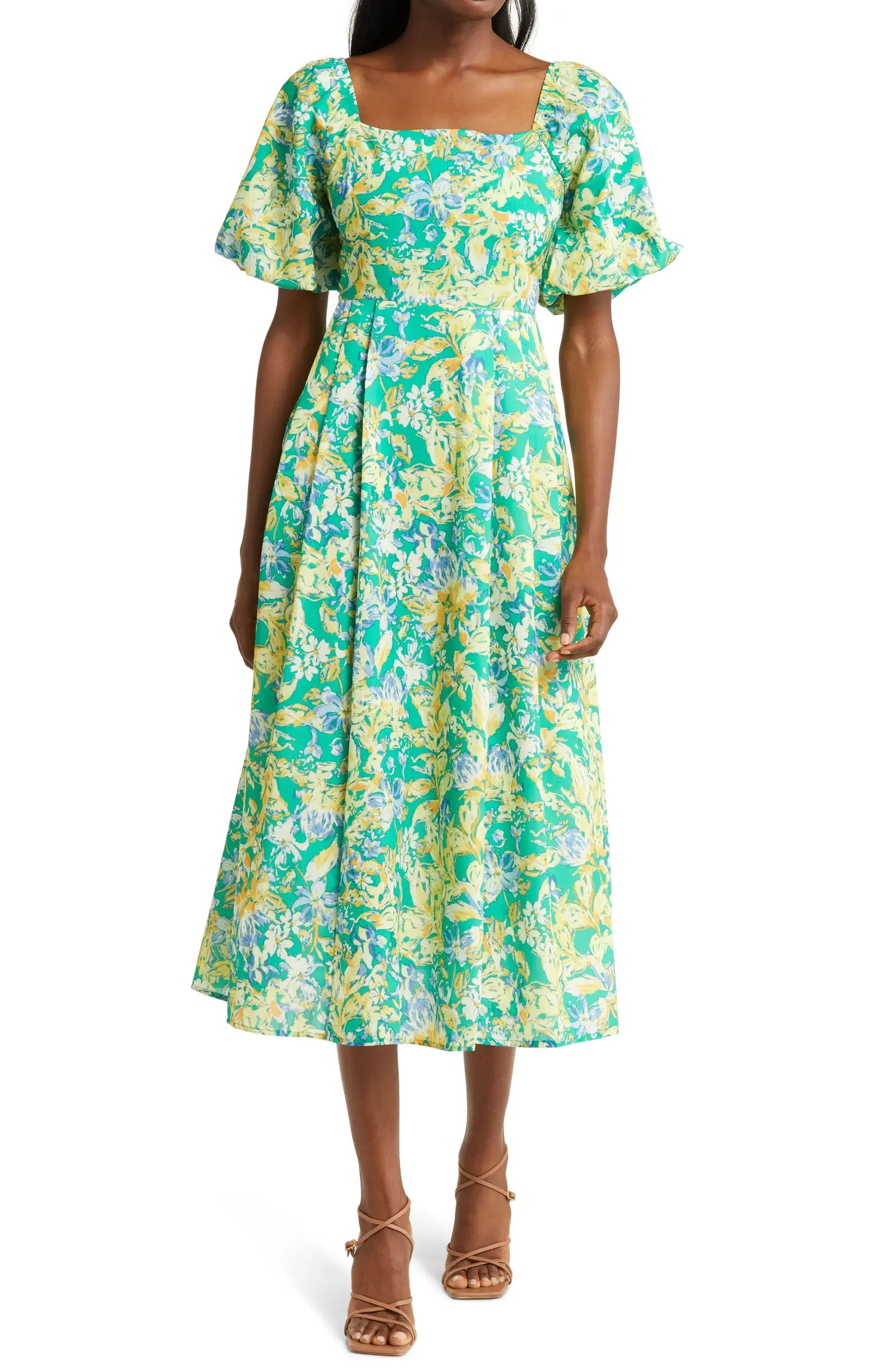 Floral Puff Sleeve Midi Dress | Nordstrom