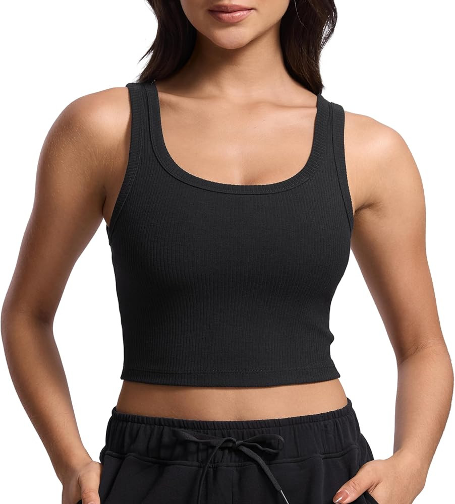 CRZ YOGA Ribbed Scoop Neck Crop Tank Tops for Women - Padded Longline Sports Bras Yoga Workout Ca... | Amazon (US)