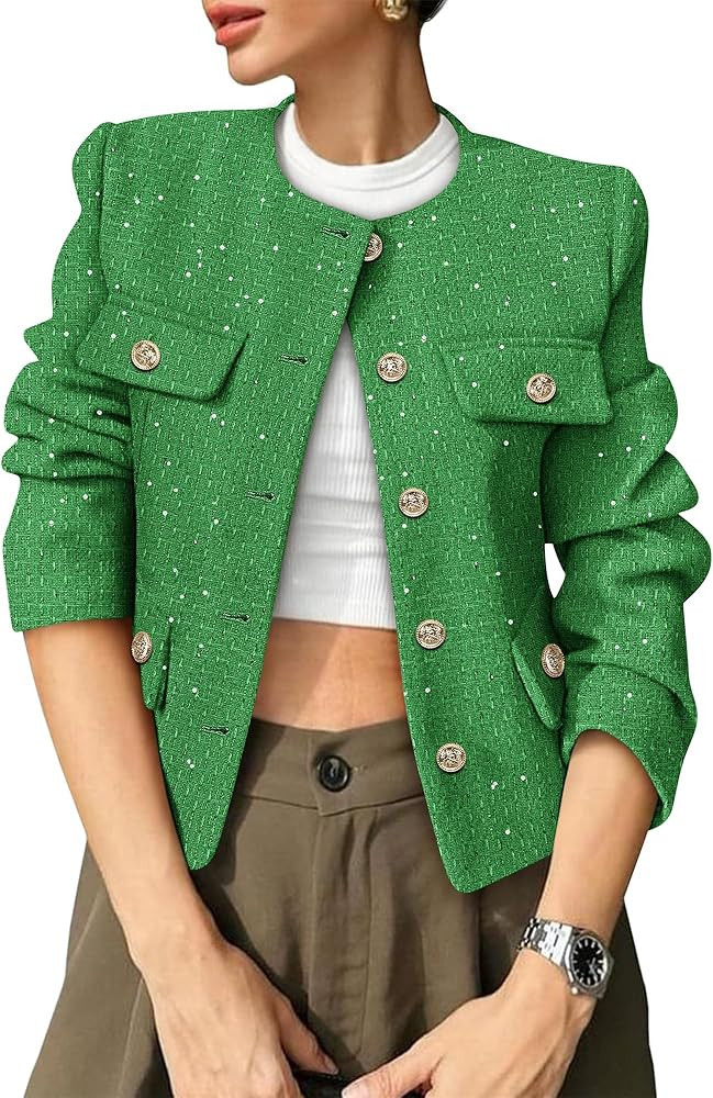 Women's Tweed Blazers Trendy Fall Casual Collarless Button Down Sequin Tops Cropped Jackets with ... | Amazon (US)
