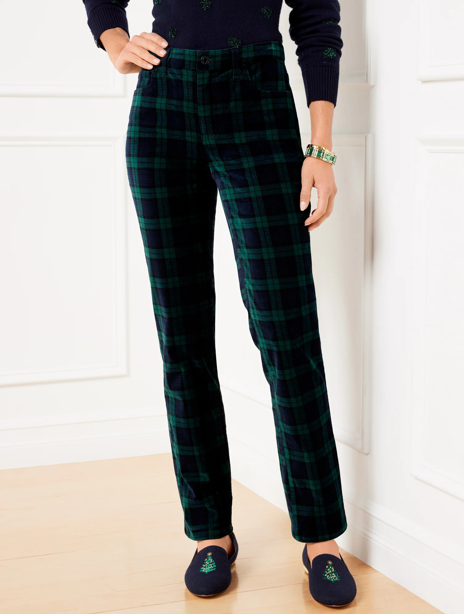 Straight Leg Velveteen Pants - Black Watch Tartan - 16 Talbots | Talbots