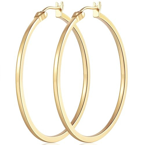 Aidomiya 14K Gold Hoop Earrings for Women Large Gold Hoop Earrings Round Square-edge 14K Hoops Earring Womens Earring 40MM (40mm A) | Amazon (US)