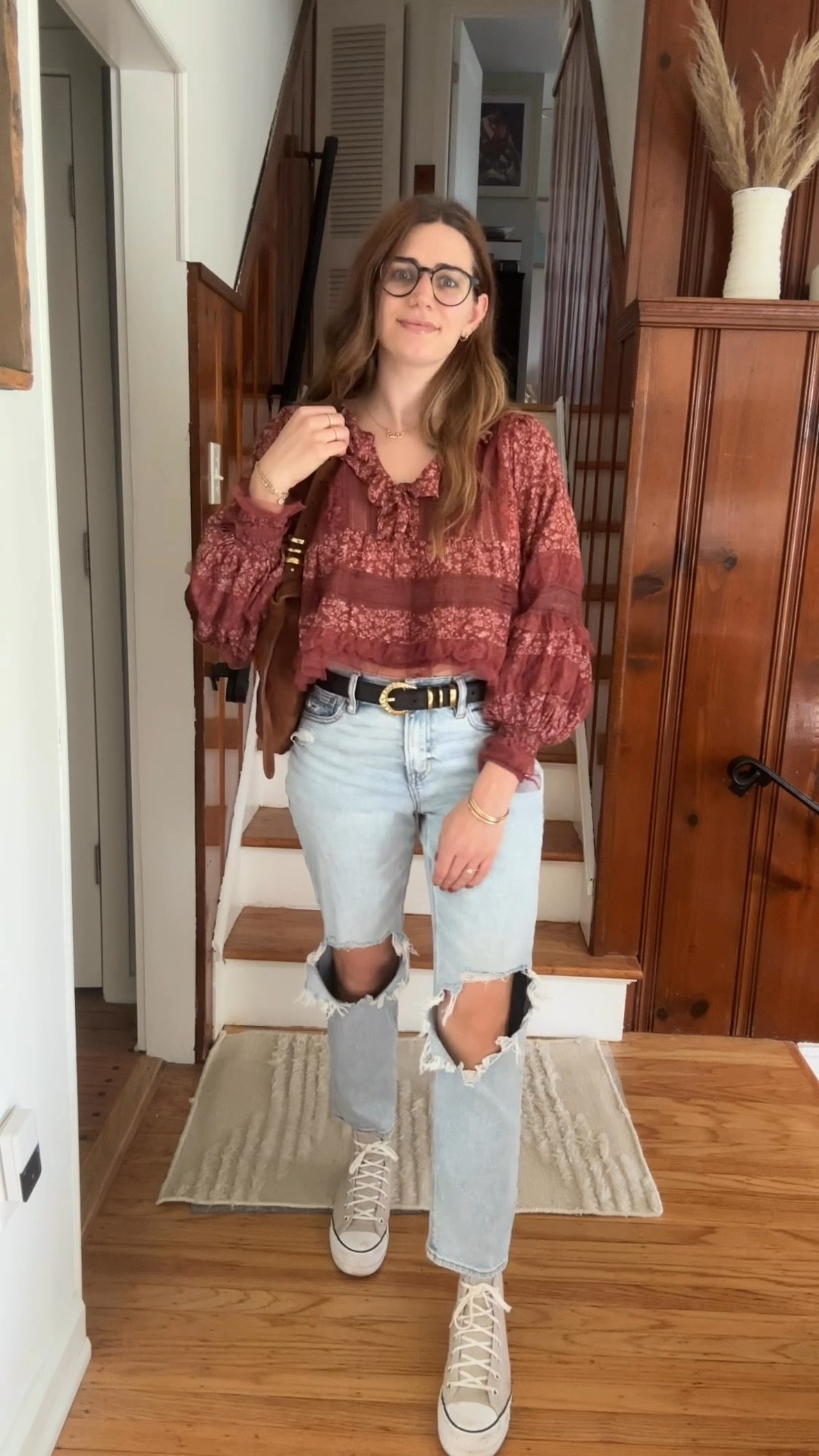 Love this top from Nuuly thrift, it’s currently $20 on Anthro right now! Wearing a size small.

Wearing a medium in the belt and 8.5 in the platform converse. 

#LTKItBag #LTKSaleAlert