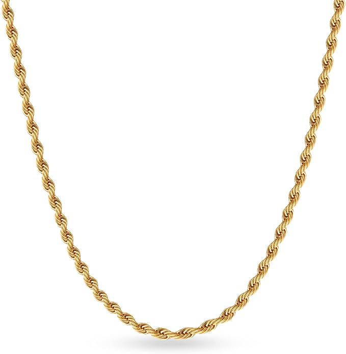 18K Gold Over 925 Sterling Silver Clasp 3mm Rope Chain for Men Women Gold Chain Necklace 16, 18, ... | Amazon (US)