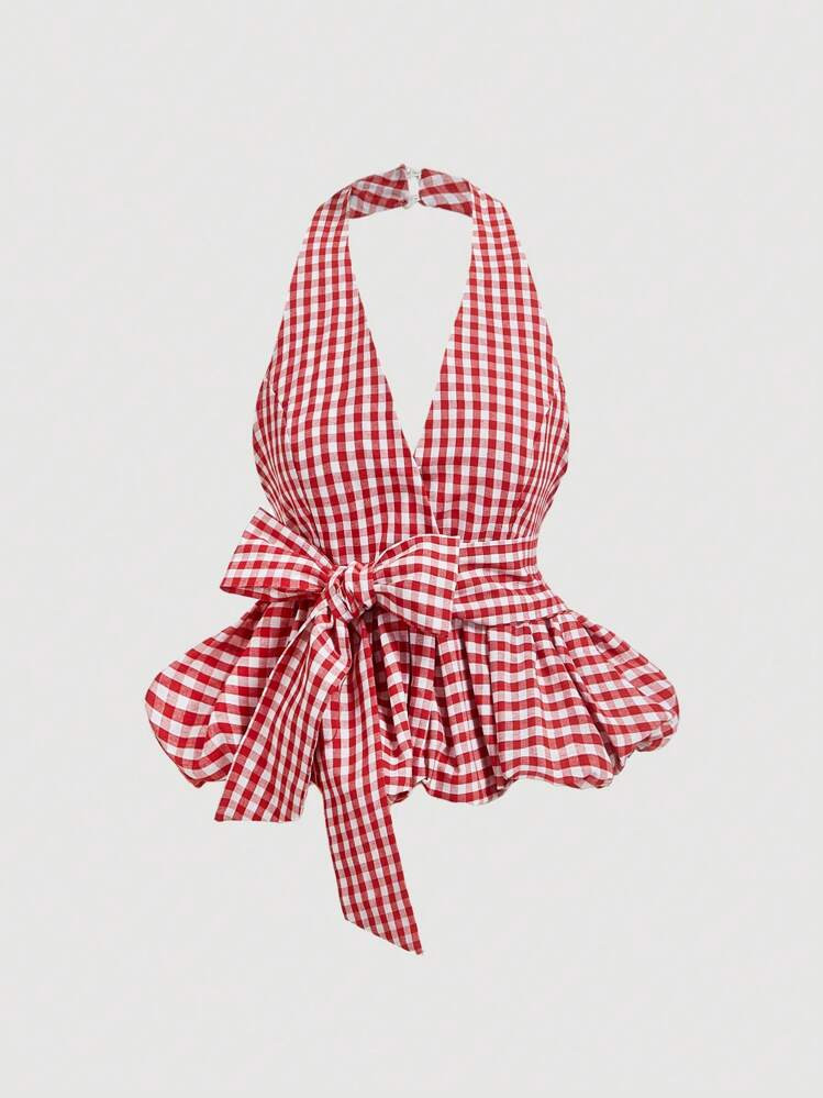 SHEIN MOD Women's Red And White Plaid Summer 90s Retro V-Neck Halter Neck Bubble Hem Top With Oversized Bow,Holiday Vacation Picnic Brunch Party Wear Y2k Tops | SHEIN